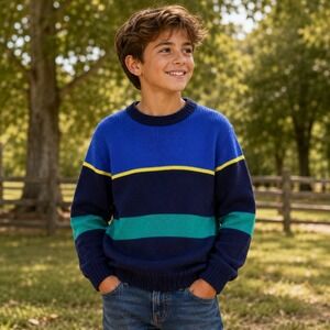 Boys Striped Knit Crewneck Sweater Blue Navy Teal Yellow Long Sleeve Pullover‎